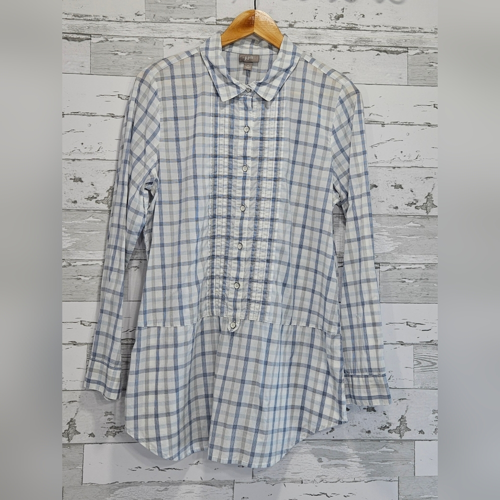 J jill Half Button Tunic Shirt Medium Plaid Blue Long Sleeves Costal